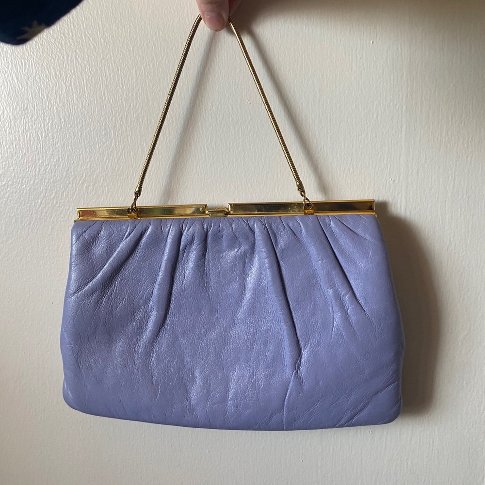 Elbief Vintage Gold Frame Periwinkle‎ Leather Ruched Clutch Evening Bag Purse